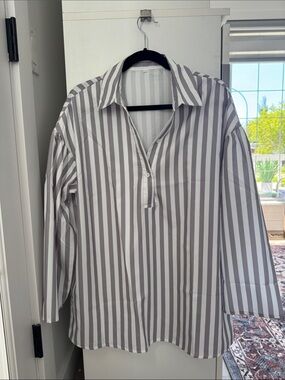 NWOT Women's Striped Button-Front Blouse in Gray & White